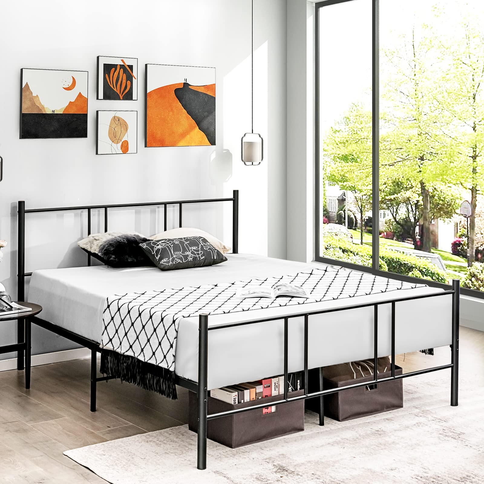 Size Platform Bed Frame, Reinforced Bed Base with High Headboard