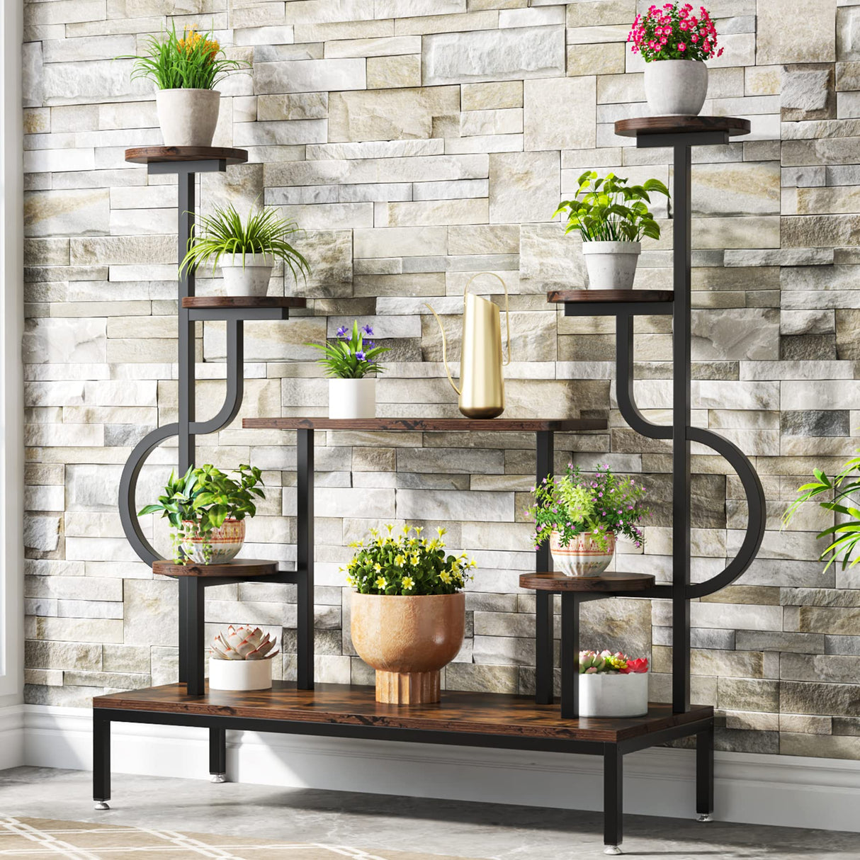 8-Tier Metal Plant Stand, Large Tall Plant Shelf for Multiple Plants, Round & Square Boards