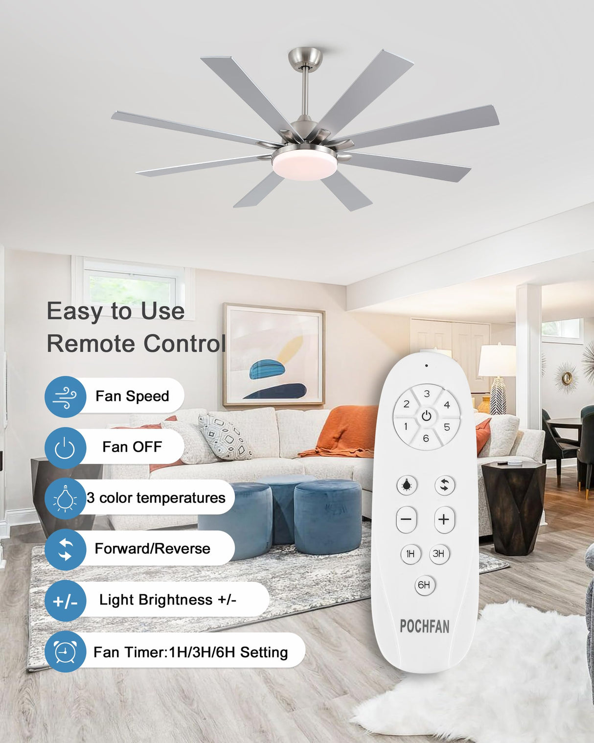 62 inch Ceiling Fans with Lights and Remote Control, Modern Brushed Nickel Ceiling