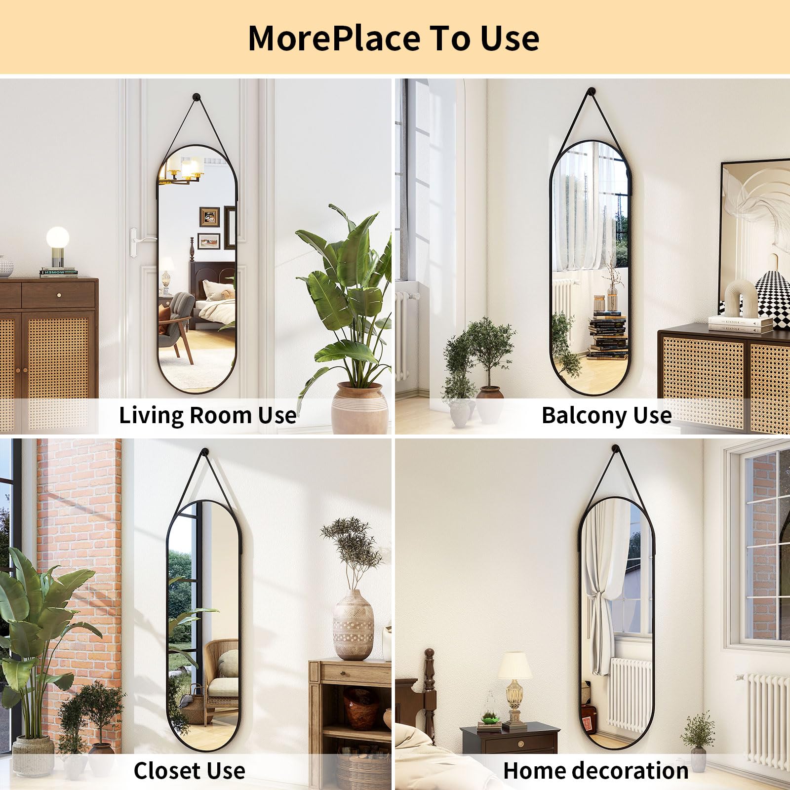 Full Length Oval Mirror 16x48 - Wall Mounted with Leather Hanging Strap