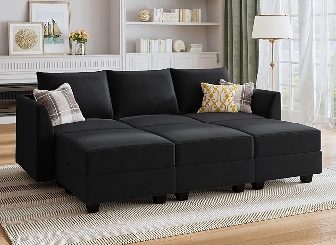 Modular Sectional Sofa with Ottoman Oversized U Shaped Couch with Reversible Chaise Velvet Sleeper Modular Sofa Convertible Sectional Couch for Living Room, Grey