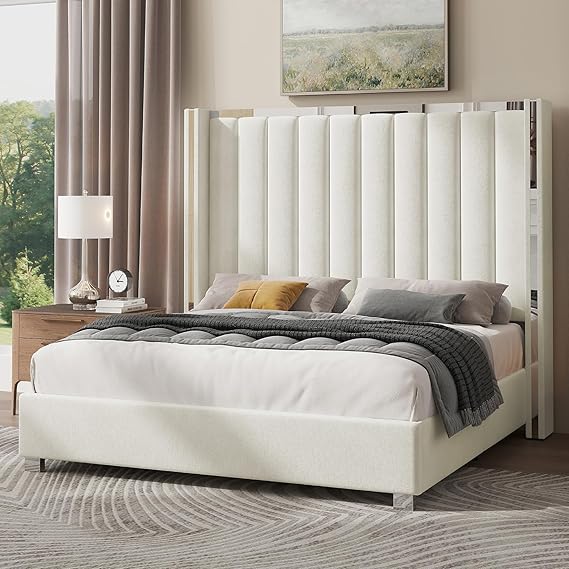 King Velvet Platform Bed with 58" Tufted Wingback Headboard