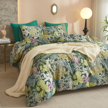 Green Leaves King Size Comforter Set, Soft Fluffy Botanical Floral Bedding Set for Women