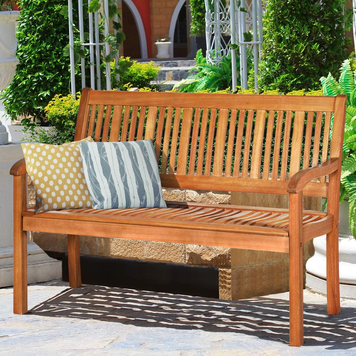 Outdoor Wood Bench, Two Person Solid Wood Garden Bench w/Curved Backrest