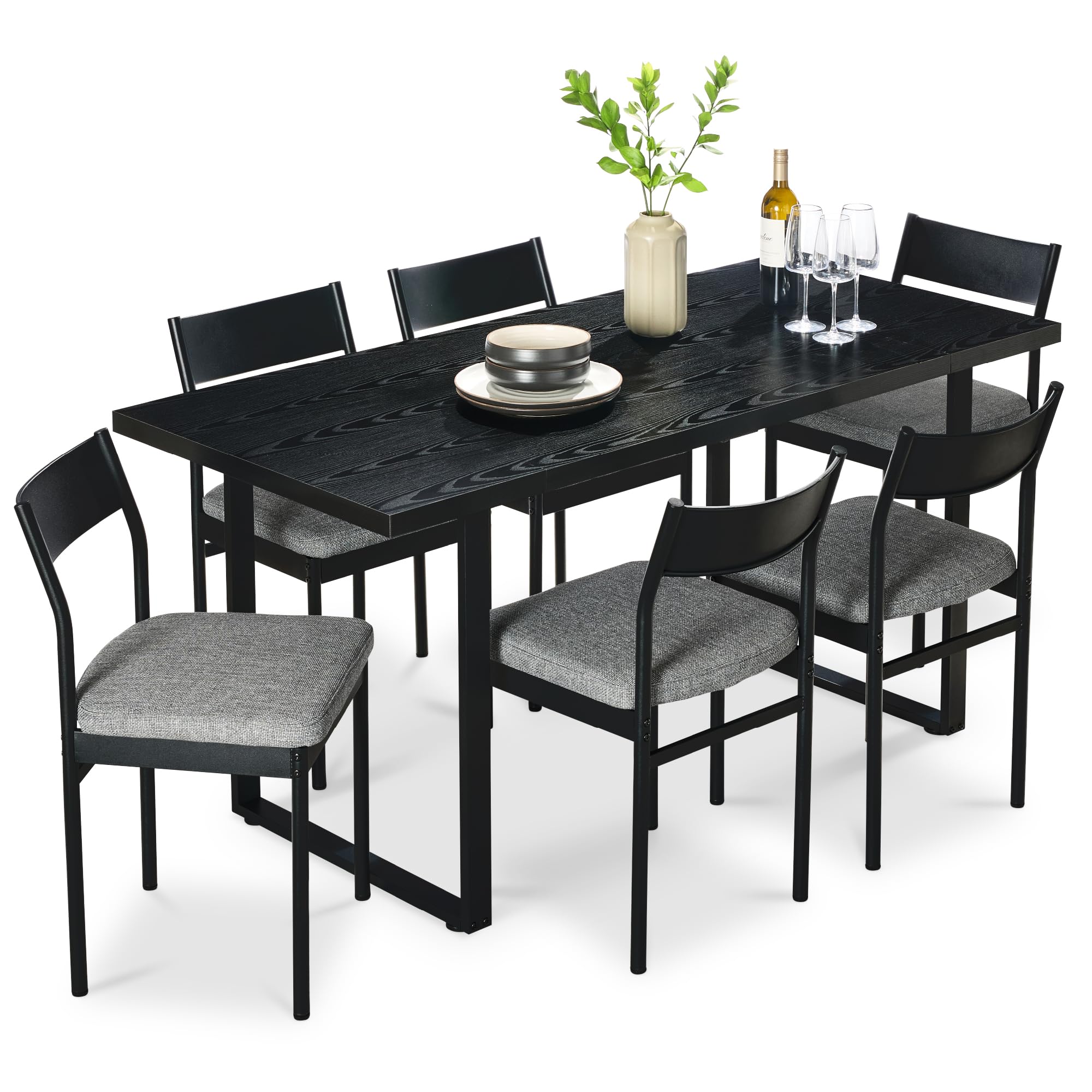 7-Piece Modern Dining Set - Metal Table & 6 Upholstered Chairs