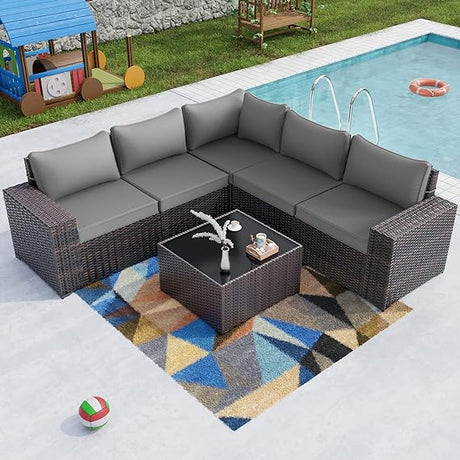 Outdoor Patio Furniture Set 6 Pieces Sectional Rattan Sofa Set Brown PE Rattan Wicker