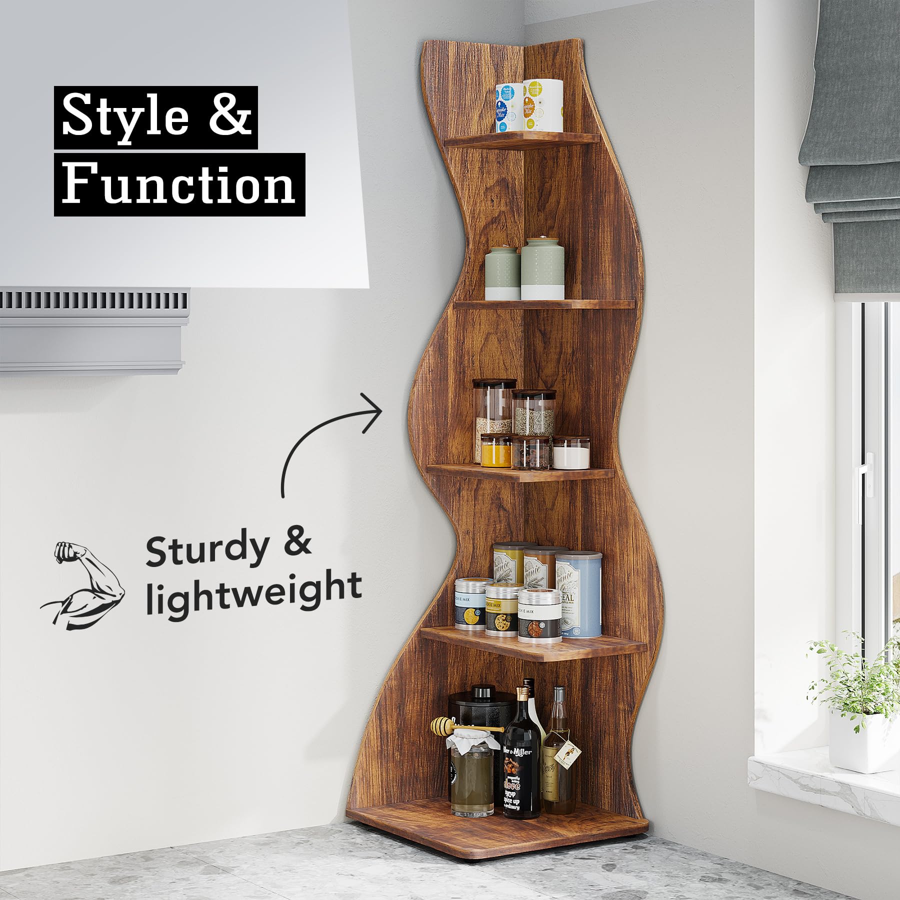 Corner Shelf, Rustic 5-Tier Wall Corner Bookshelf,