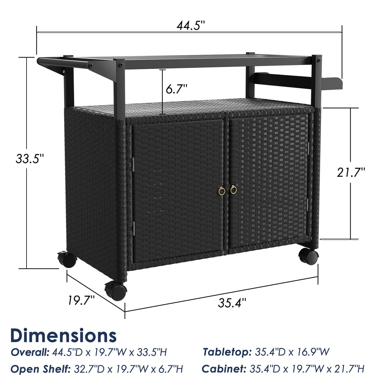 Outdoor Bar Table, Wicker Bar Cart with Cabinet, Patio Serving Cart