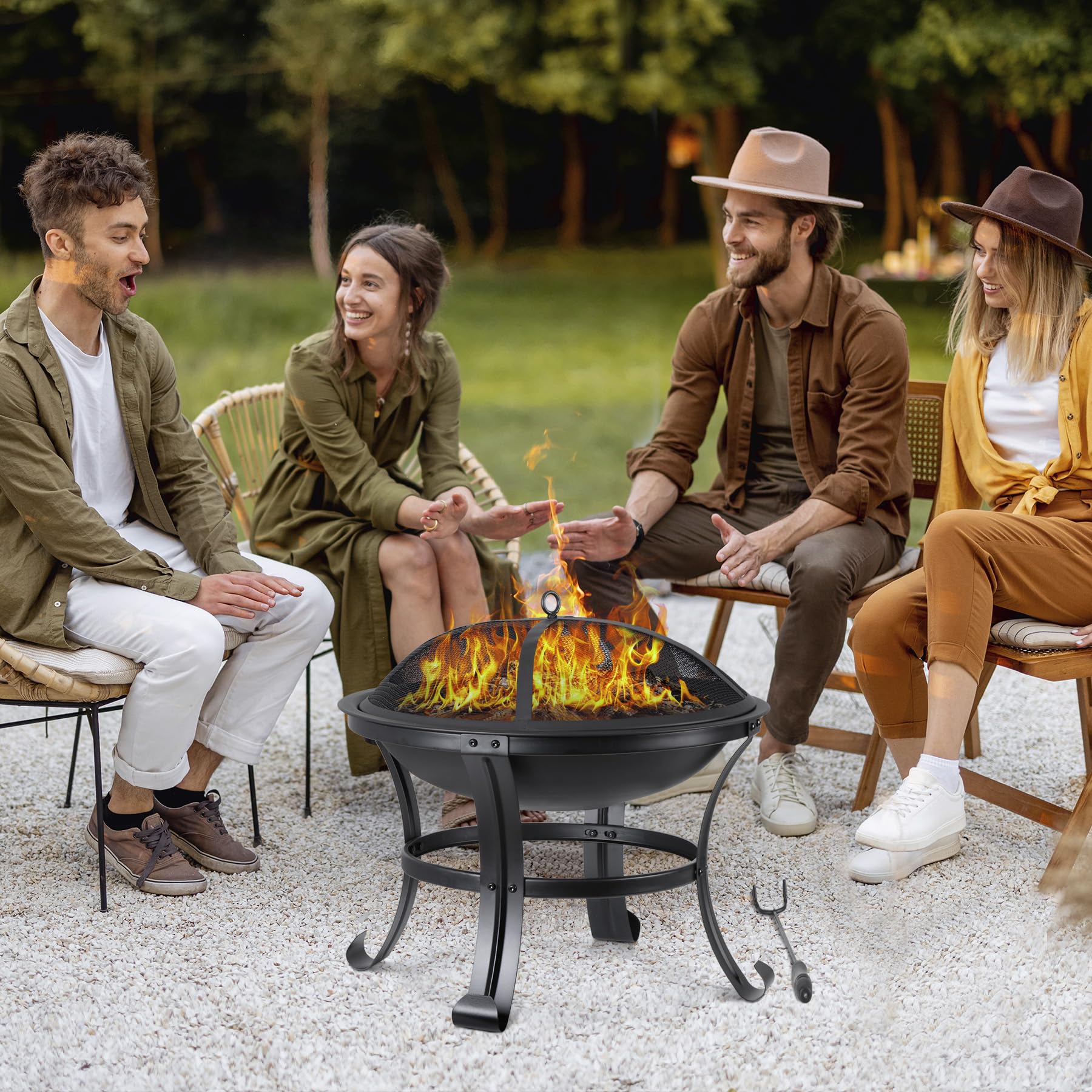 22Inches Fire Pit Outdoor Steel Wood Burning BBQ Grill Firepit Bowl Fireplace with Mesh Screen & Fire Poker, Log Grate - Bircata