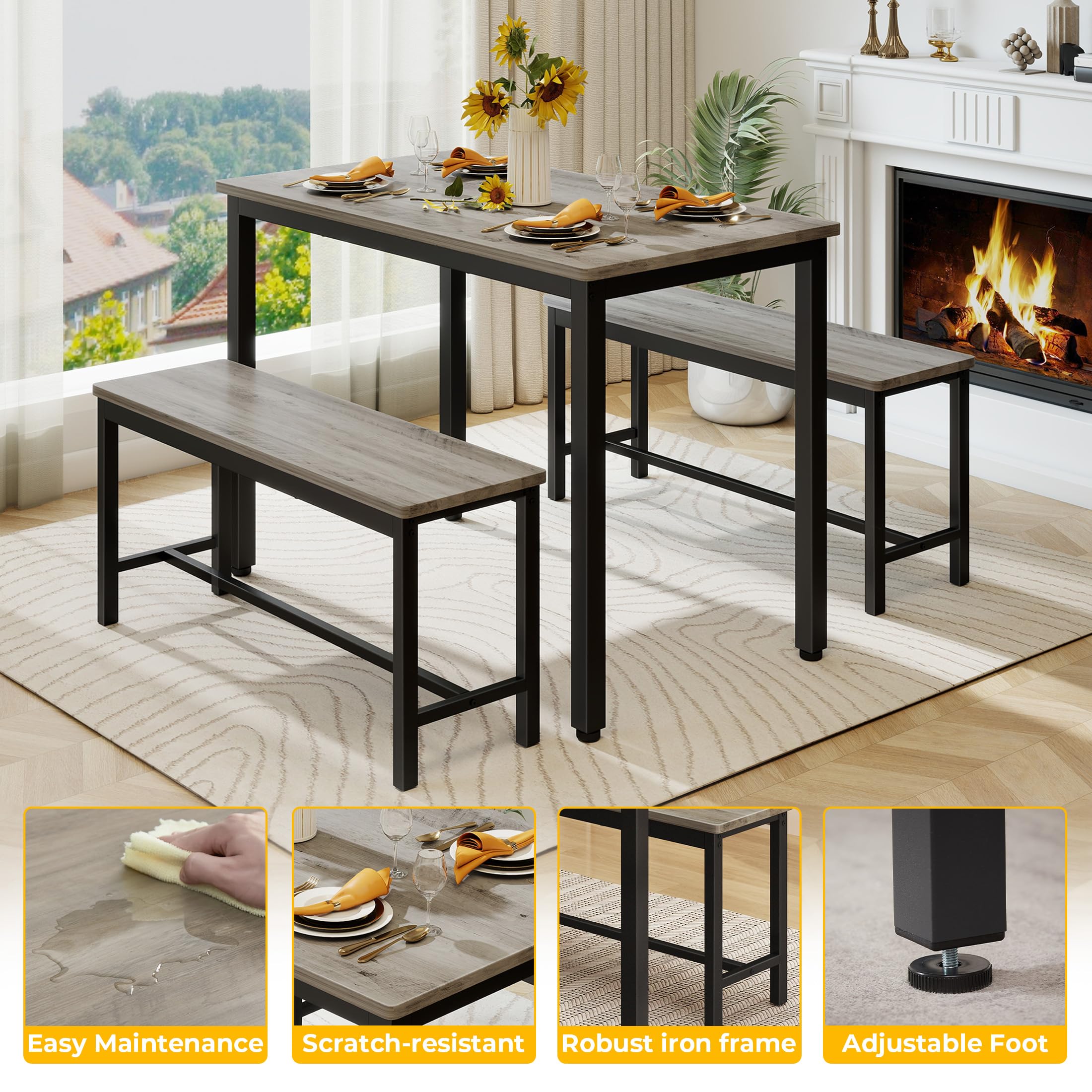 5-Piece Dining Table Set with Bench for 4 - Space-Saving Kitchen Table, Grey