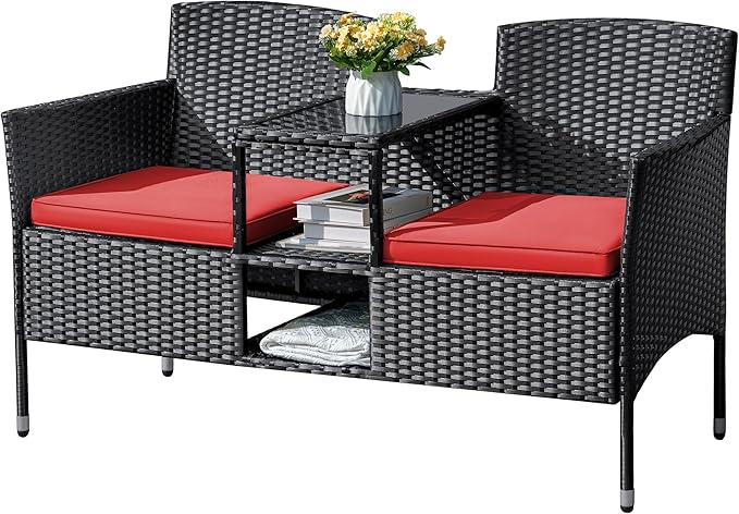 Outdoor Furniture Patio Loveseat Wicker 2-Seat with Built-in Table and Cushions
