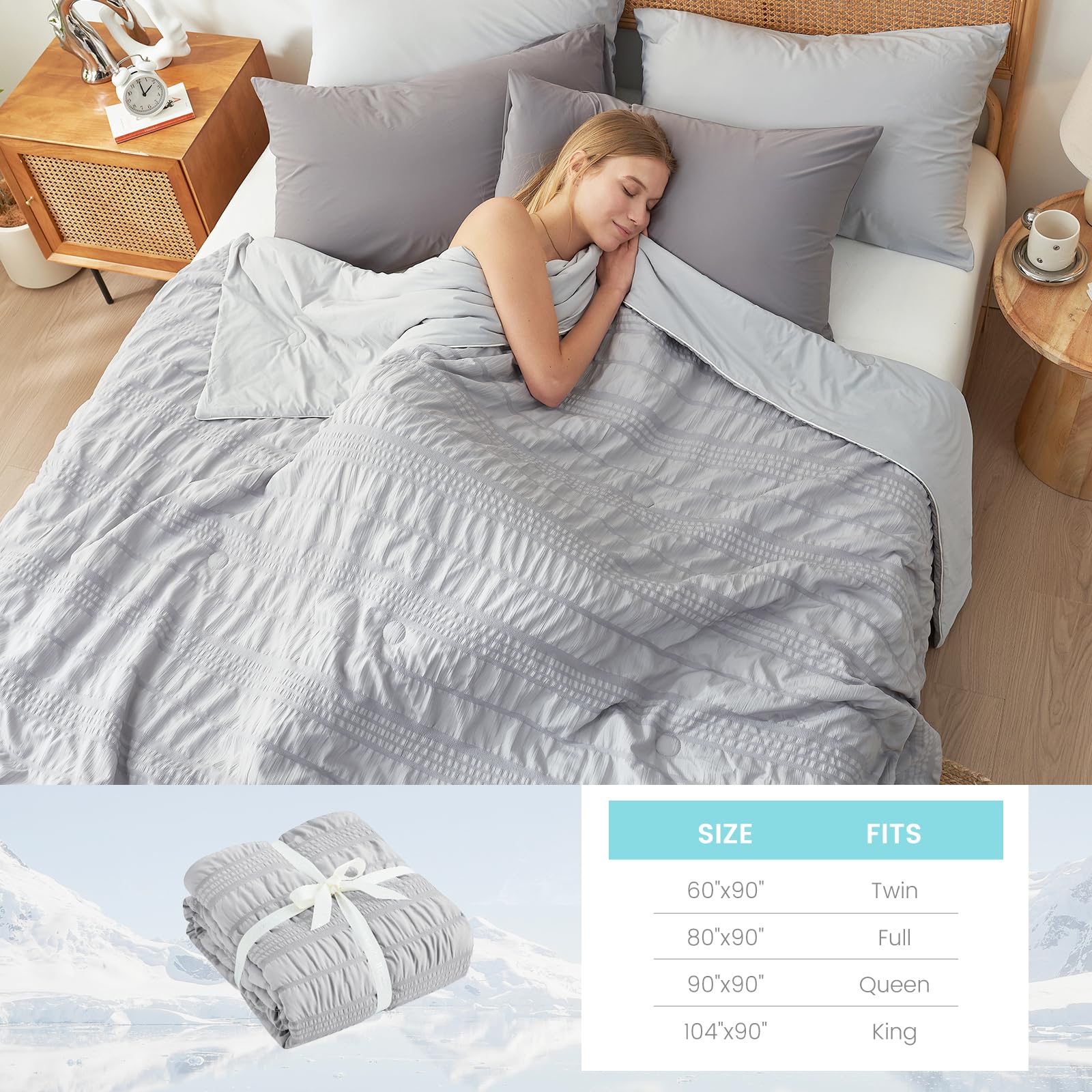 Cozy Bliss Seersucker Cooling Comforter King Size, Q-Max 0.4 Reversible Lightweight Cooling Blanket, Breathable Silk Smooth Summer Bedding Quilt for Hot Sleepers Night Sweats Light Grey