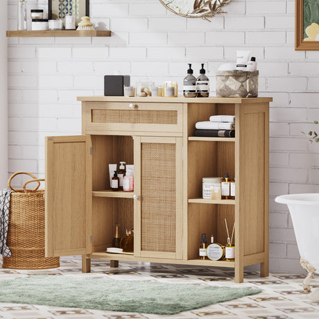 Bathroom Cabinet with Rattan Doors, Bathroom Floor Cabinet with Open Storage &