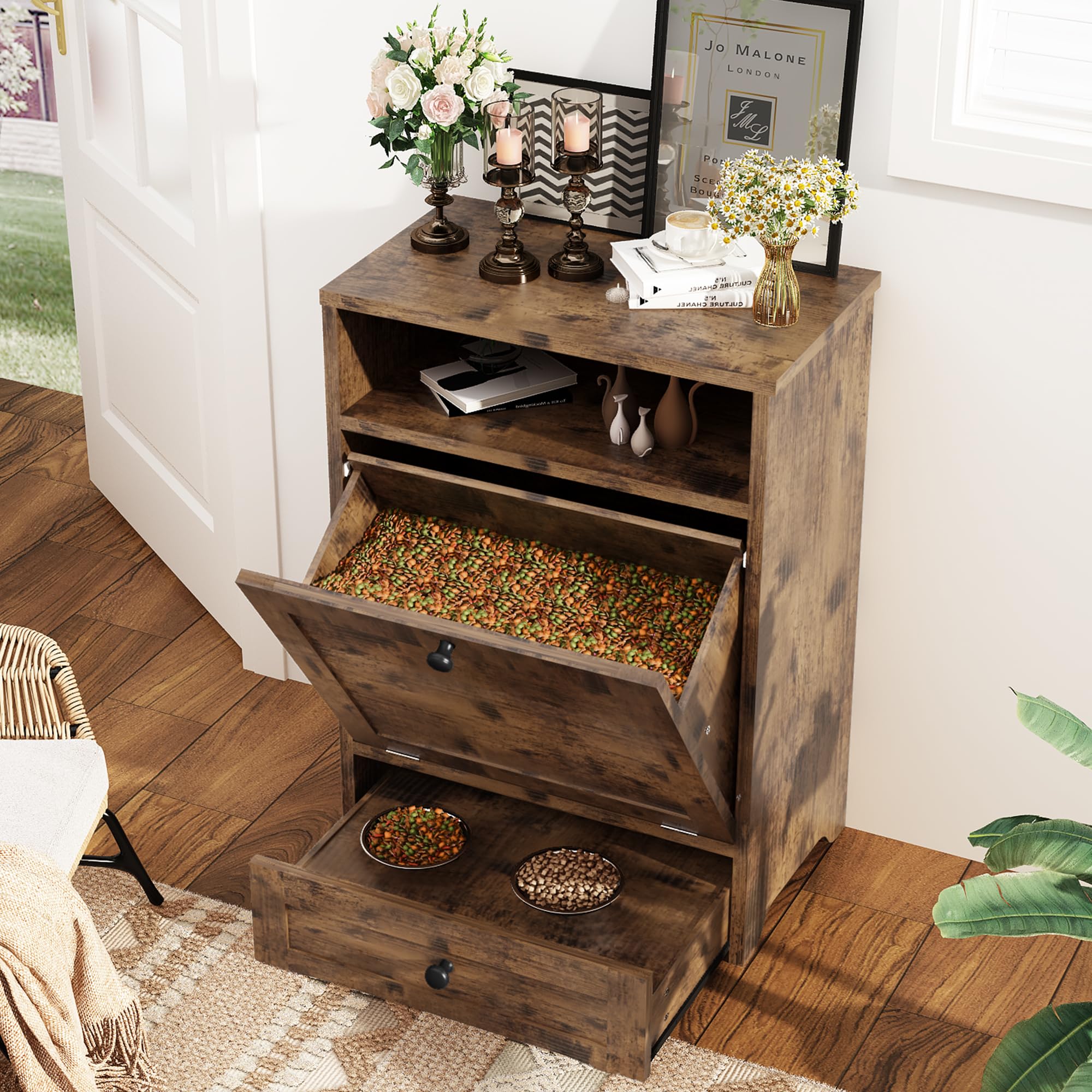 Dog Feeding Station with Storage & 2 Raised Bowls