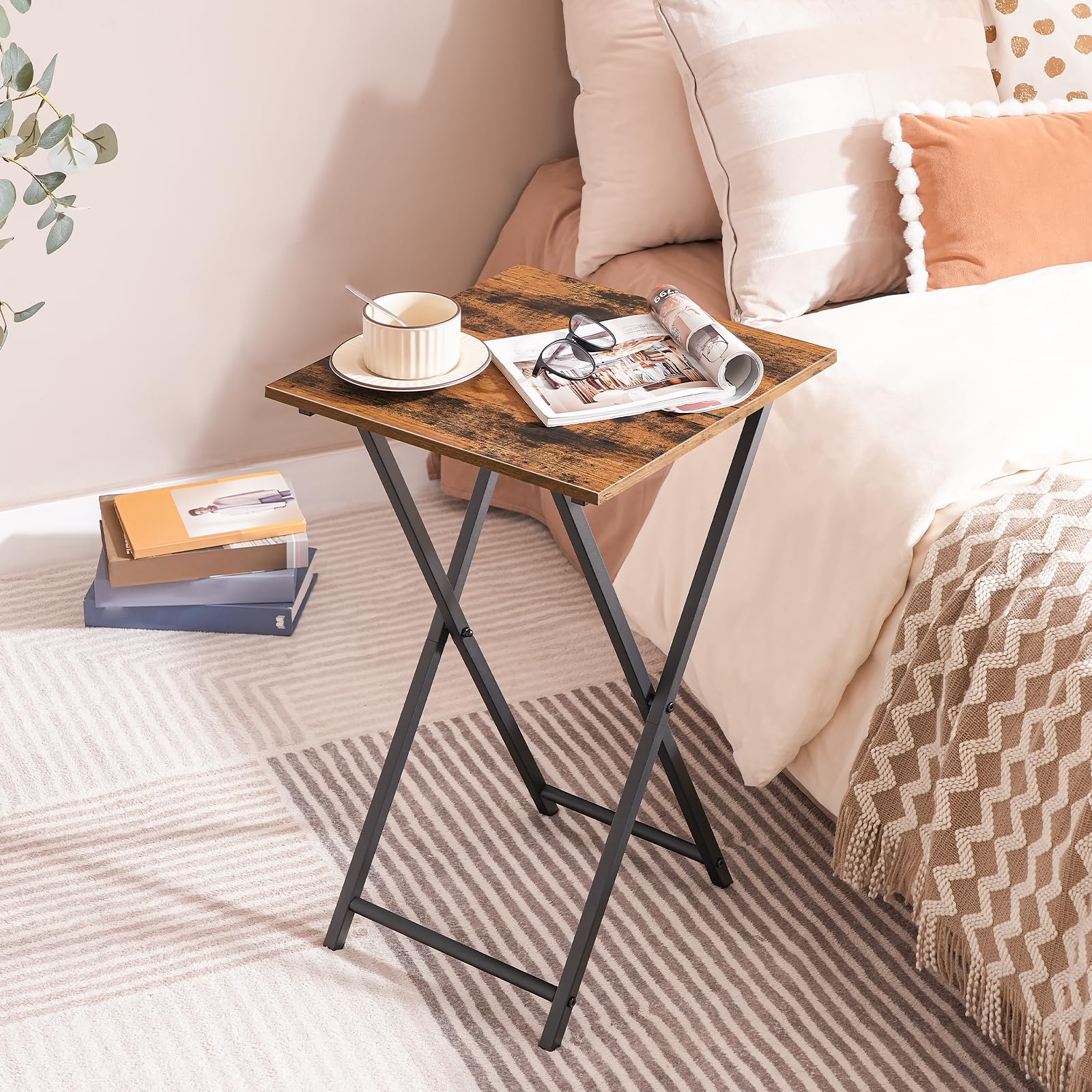 Folding TV Tray Tables, Set of 2 Wooden TV Trays Side Tables, Portable Sofa Snack Table