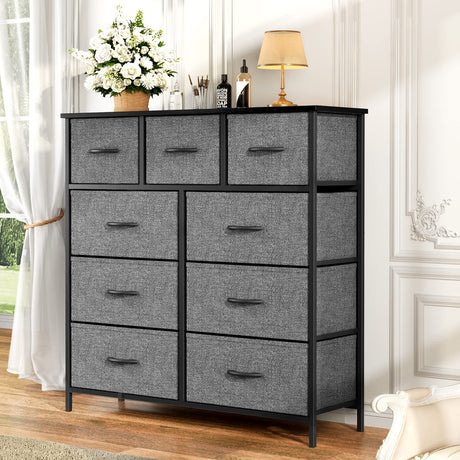 Organizer Storage 9, Chest of Drawers with Fabric Bins, Tall Dresser with Wood Top