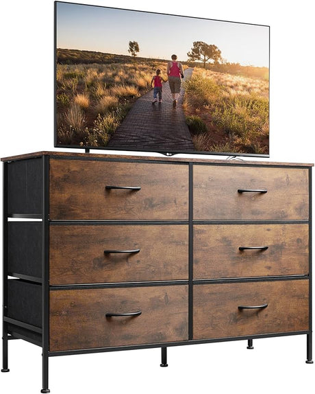 Wide Fabric Dresser, 6 Drawer Dresser TV Stand for 60" TV, Dressers Bedroom Furniture