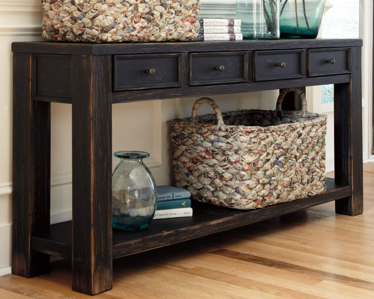 Gavelston Rustic Sofa Table with 4 Drawers and Lower Shelf, Weathered Black