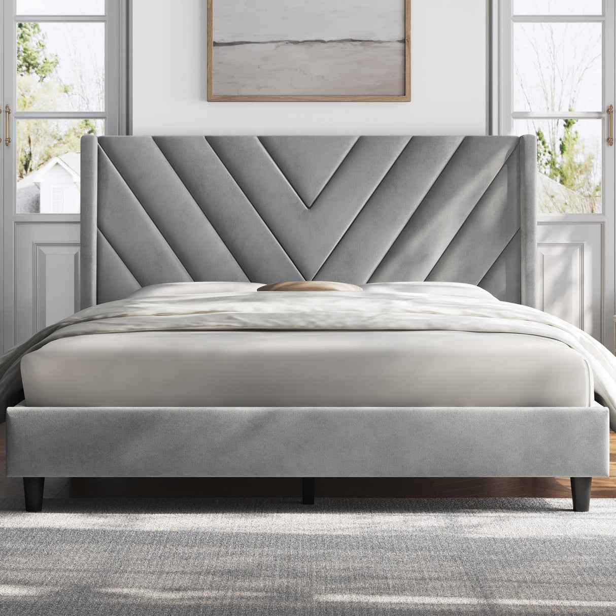 Queen Bed Frame Upholstered Platform Bed with Wing Side/Wooden Slat Support/Tufted