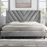 Queen Bed Frame Upholstered Platform Bed with Wing Side/Wooden Slat Support/Tufted