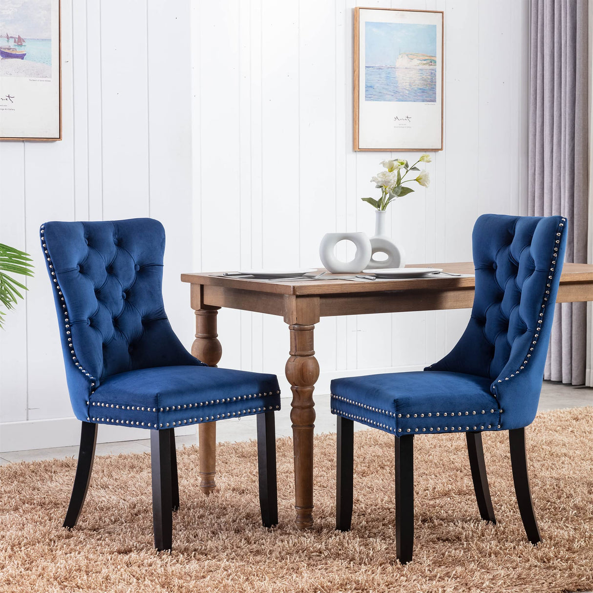 Tufted Dining Chairs Set of 4, Velvet Upholstered Dining Chairs with Nailhead Back and Ring Pull Trim