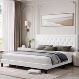 Full Size Bed Frame with Tufted Faux Leather Headboard, Upholstered Platform Bed