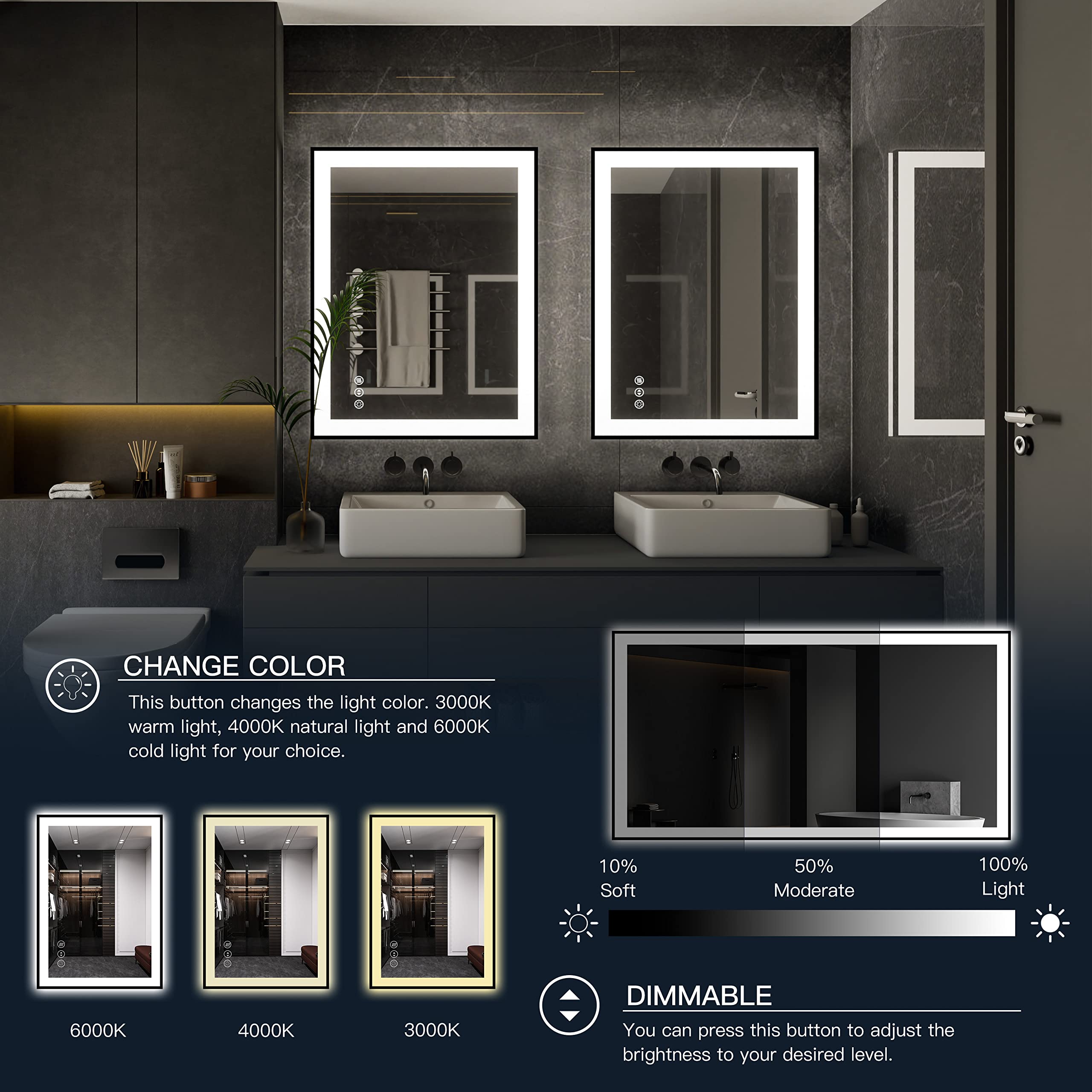 40x30 Dimmable LED Bathroom Mirror with Anti-Fog & Memory Function