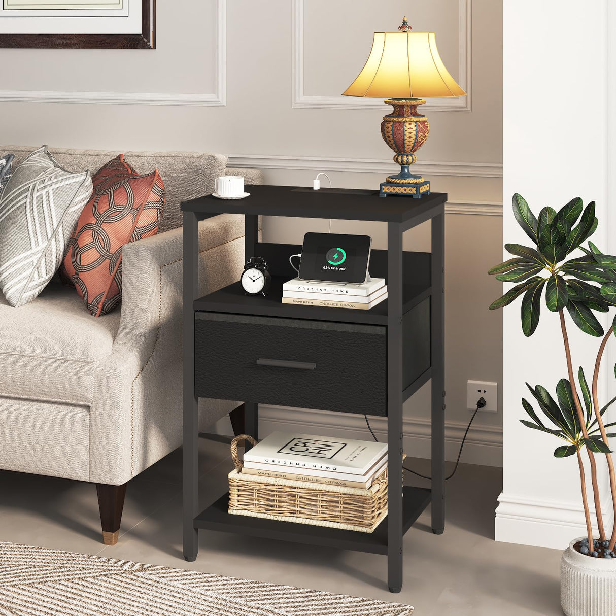 Nightstand with Charging Station, Bedside Table with USB Ports and Outlets