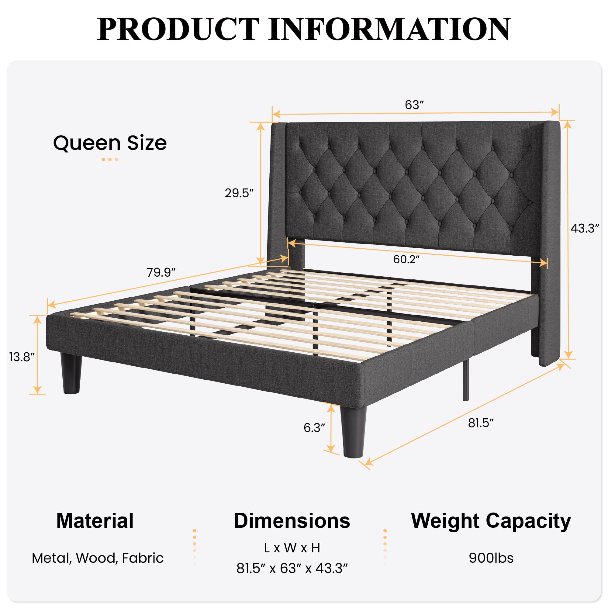 Queen Size Bed Frame, Velvet Upholstered Platform Bed Frame and Headboard with Rivet Decor,