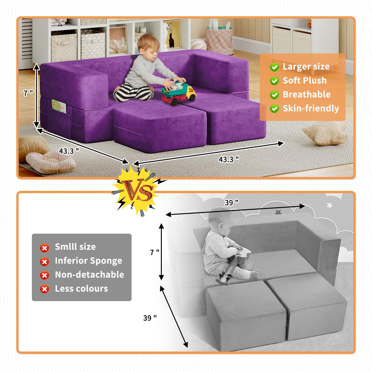 Kids Couch, Toddler Couch with Washable and Durable Covers, Modular Kids Sofa Couch