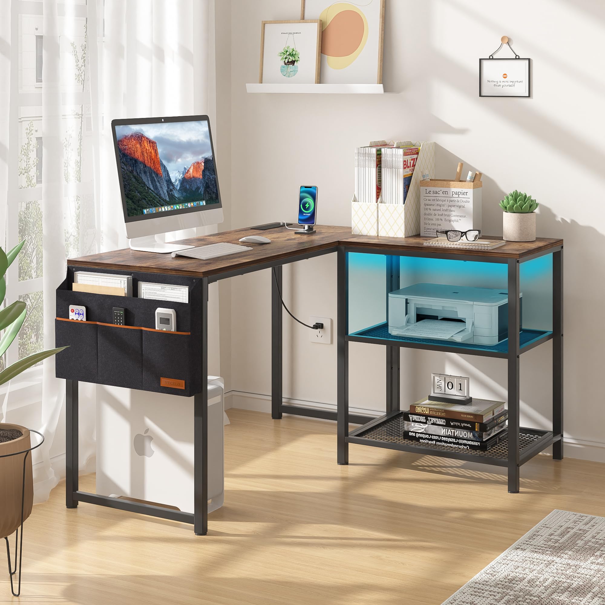 L Shaped Computer Desk 49 Inch Writing Study Corner Gaming Table with Storage Shelves and Side Bag, for Home Office Workstation