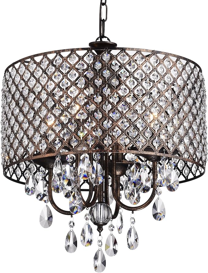 4-Lights Chrome Round Crystal Chandelier Ceiling Fixture | Beaded Drum Shade