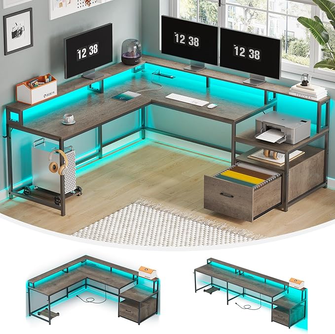 White L Shaped Gaming Desk, 66" Home Office Desk with File Drawer, Power Outlet and Led Lights