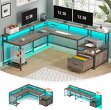 White L Shaped Gaming Desk, 66" Home Office Desk with File Drawer, Power Outlet and Led Lights