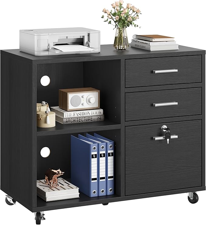 Wood File Cabinet, 3 Drawer Mobile Lateral Filing Cabinet, Storage Cabinet Printer Stand