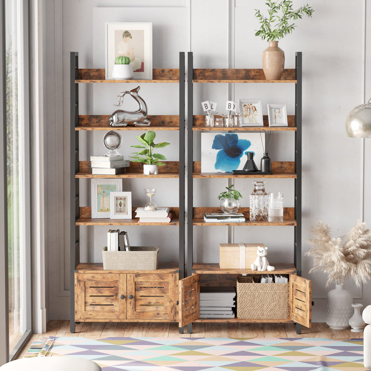 Bookshelf with Louvered Doors, 4-Tier Ladder Shelf with Cabinet Industrial Accent Furniture