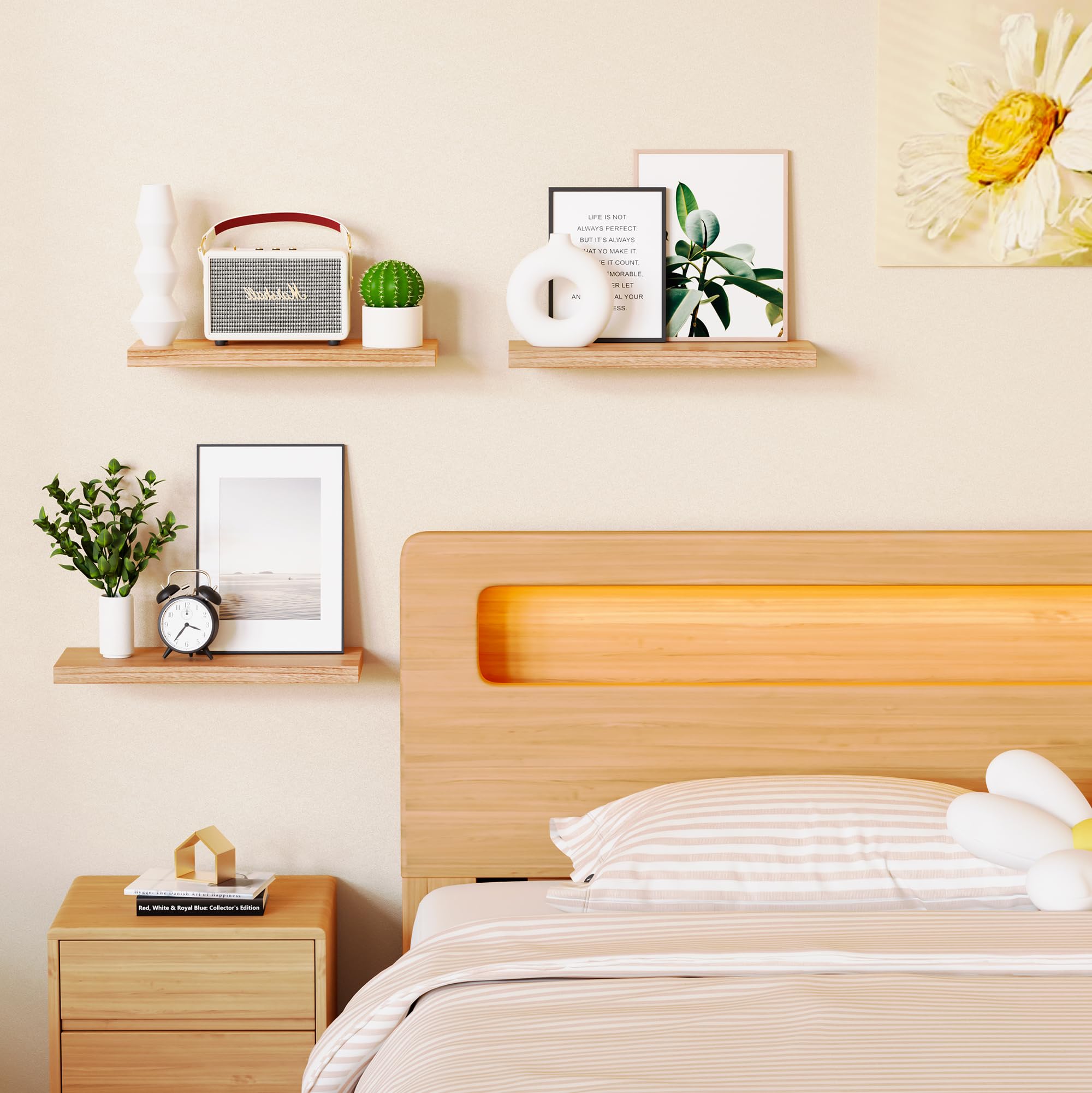 Greenual 3 Packs Floating Shelves for Wall, Nature Wood Wall Shelf, 16" Wall Mounted Floating Shelf for Kitchen, Living Room, Bedroom, Bathroom Storage, Book Shelf for Wall Home Decor, Frame Display