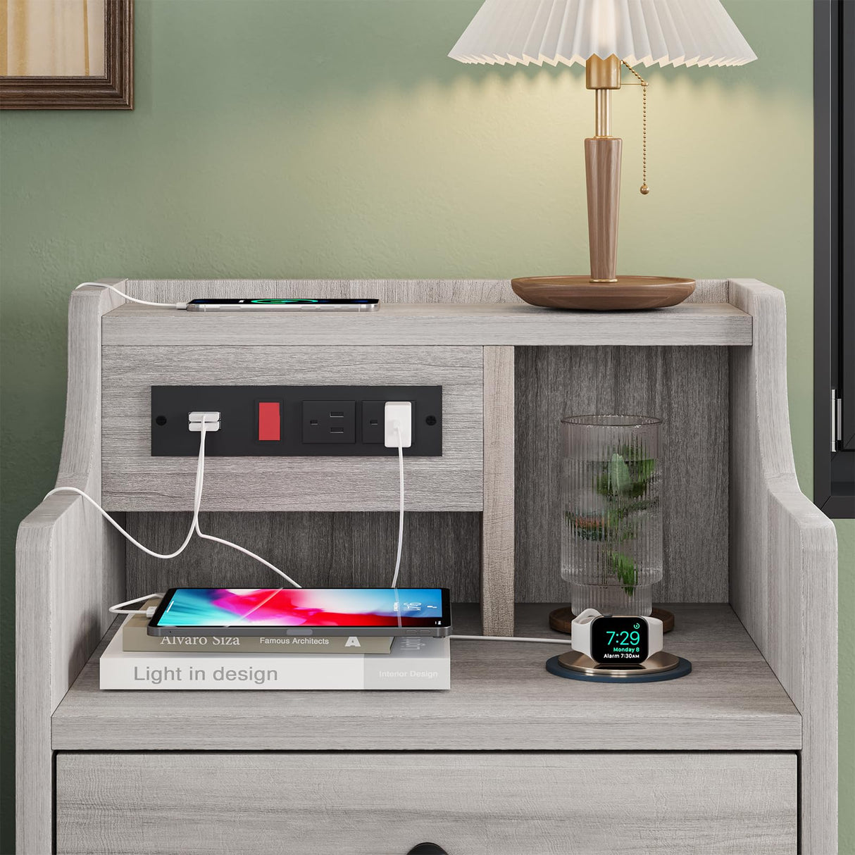 Nightstand Set 2,Gray Nightstand with Charging Station & Hutch