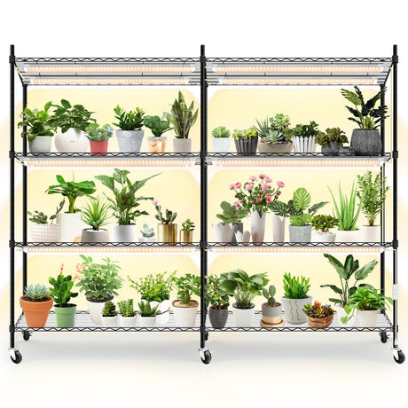 Plant Shelf with Grow Light, 4-Tier Large Grow Light Shelf with Wheels, Stainless Steel