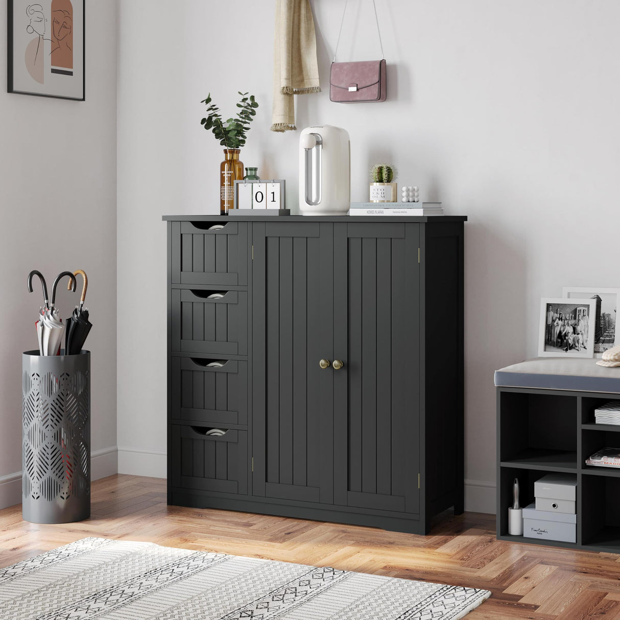 Wooden Bathroom Floor Cabinet, Side Storage Organizer Cabinet