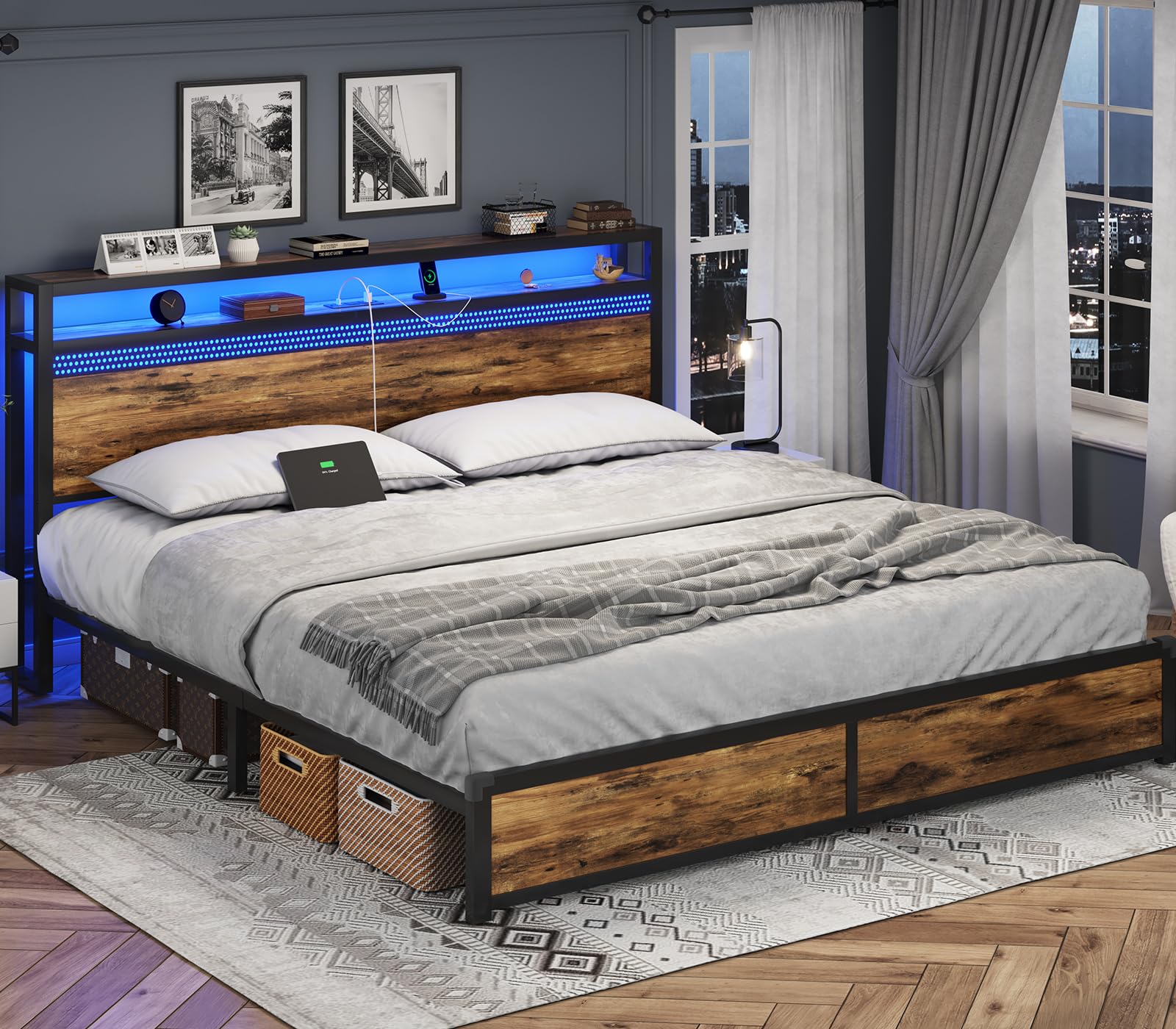 King Size Bed Frame, King bed frame with Storage Headboard with USB Ports & Charging