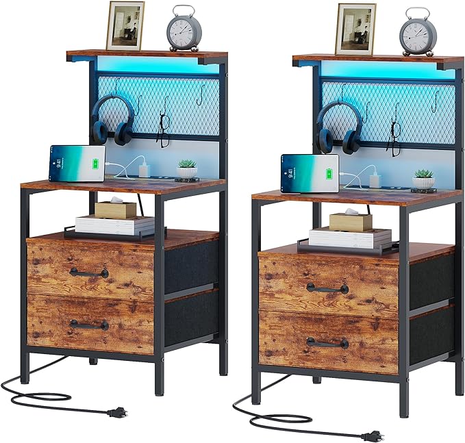 Nightstand with Charging Station and LED Lights, Night Stand