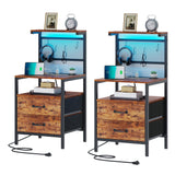 Tall Nightstand Set of 2 with Charging Station and LED Lights, Night Stand with Fabric