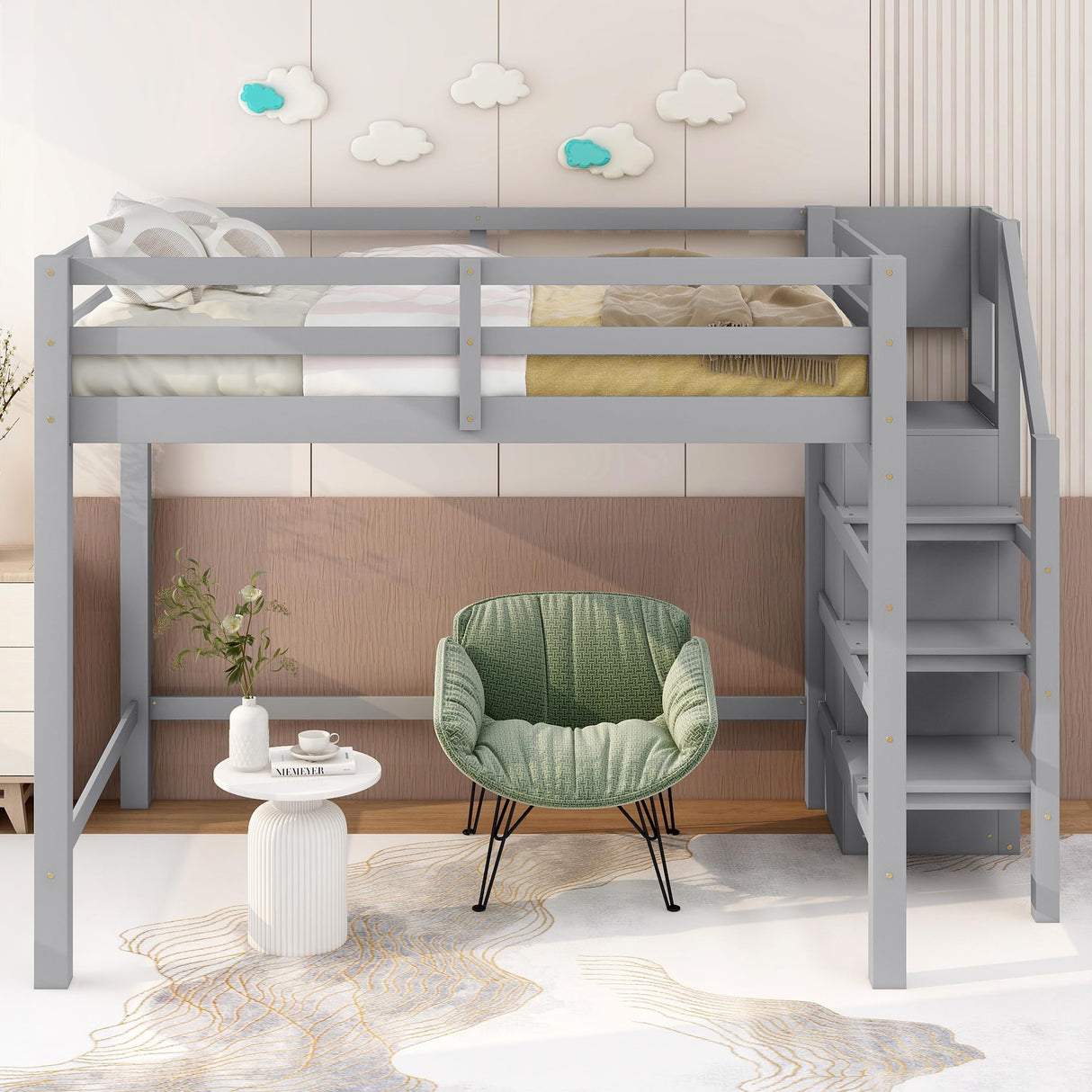 Full Loft Bed, Loft Bed Full Size with Storage Staircase and Wardrobe for Clothes, Wooden High Loft Bed Frame for Kids Girls Boys Bedroom, Grey