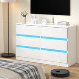 6 Drawer Dresser with LED Light, White Dresser with Tempered Glass Panel, Modern