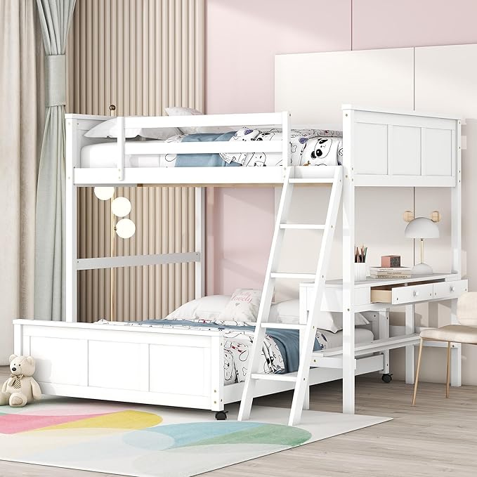 Twin Over Full Bunk Beds with Desk and Drawers, Wood Twin Size Loft Bed