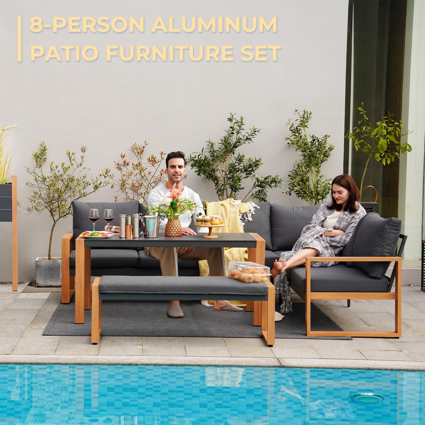 4-Piece Outdoor Furniture Set for 8, Aluminum Sectional Sofa Set