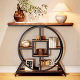 41.3" Industrial Console Table with Circle Base, 5-Tier Rustic Brown Sofa Table