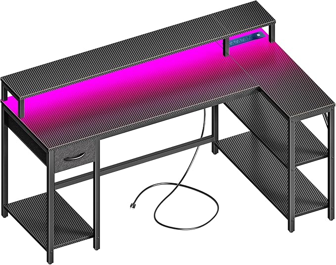 47 inch Reversible L Shaped Desk with LED Lights & Power Outlets