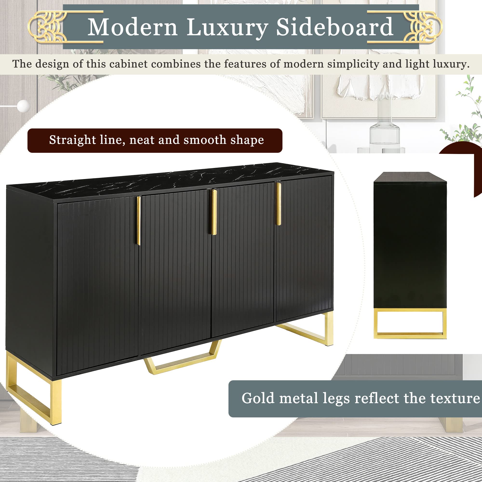 4 Doors (Black) Modern Wood Farmhouse Buffet Sideboard Metal
